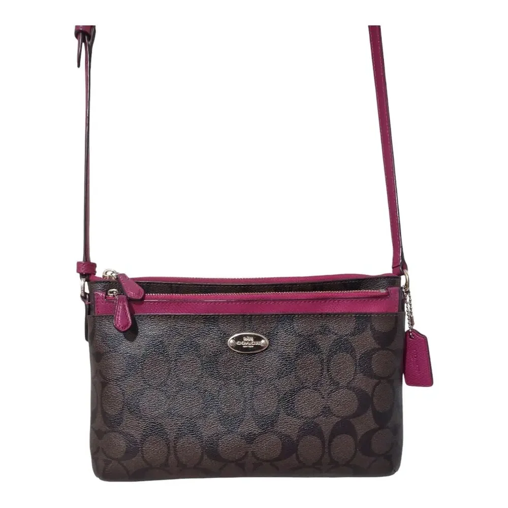 COACH East/West Pop Up Crossbody Dark Brown Fuchsia Contrast w/ Removeable Bag